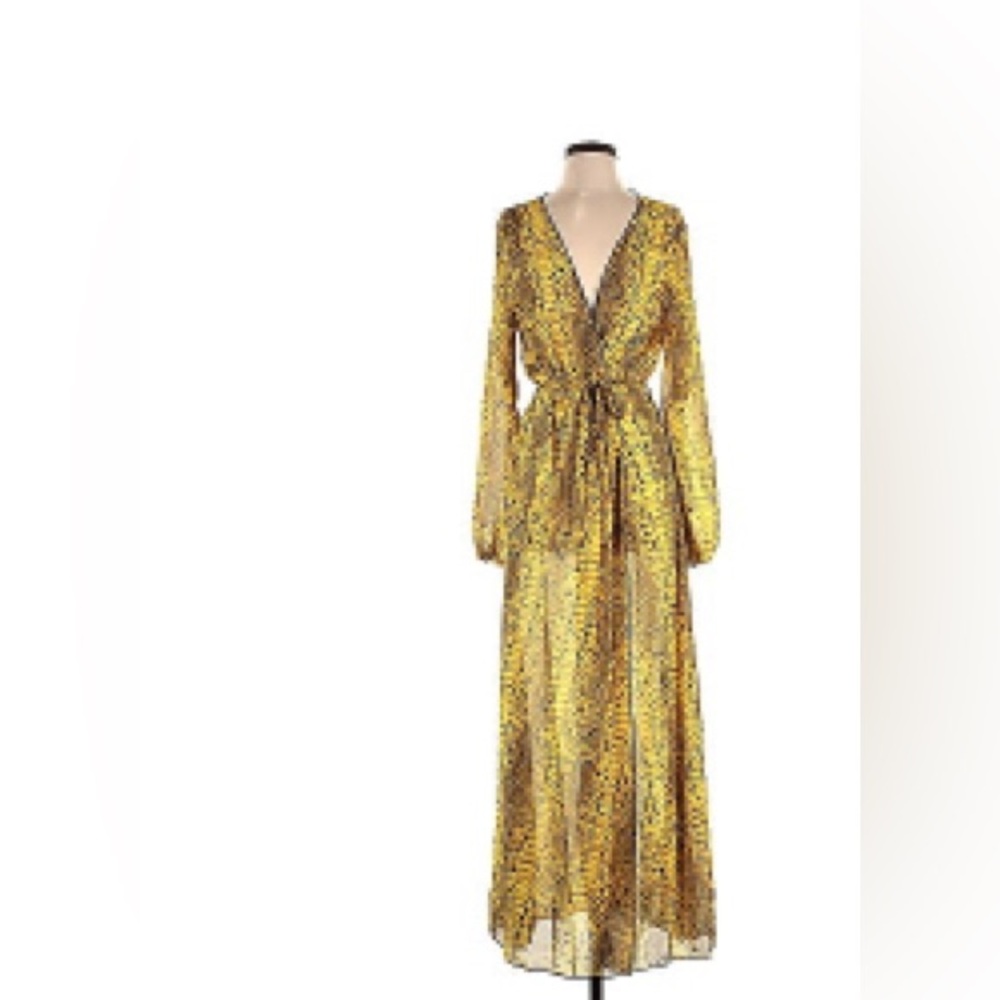 Yellow Snake Print Long Sleeve Wrap Dress